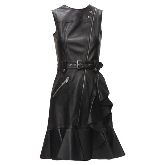Alexander McQueen Dresses & Skirts - Alexander McQueen leather biker belted ruffle trim dress